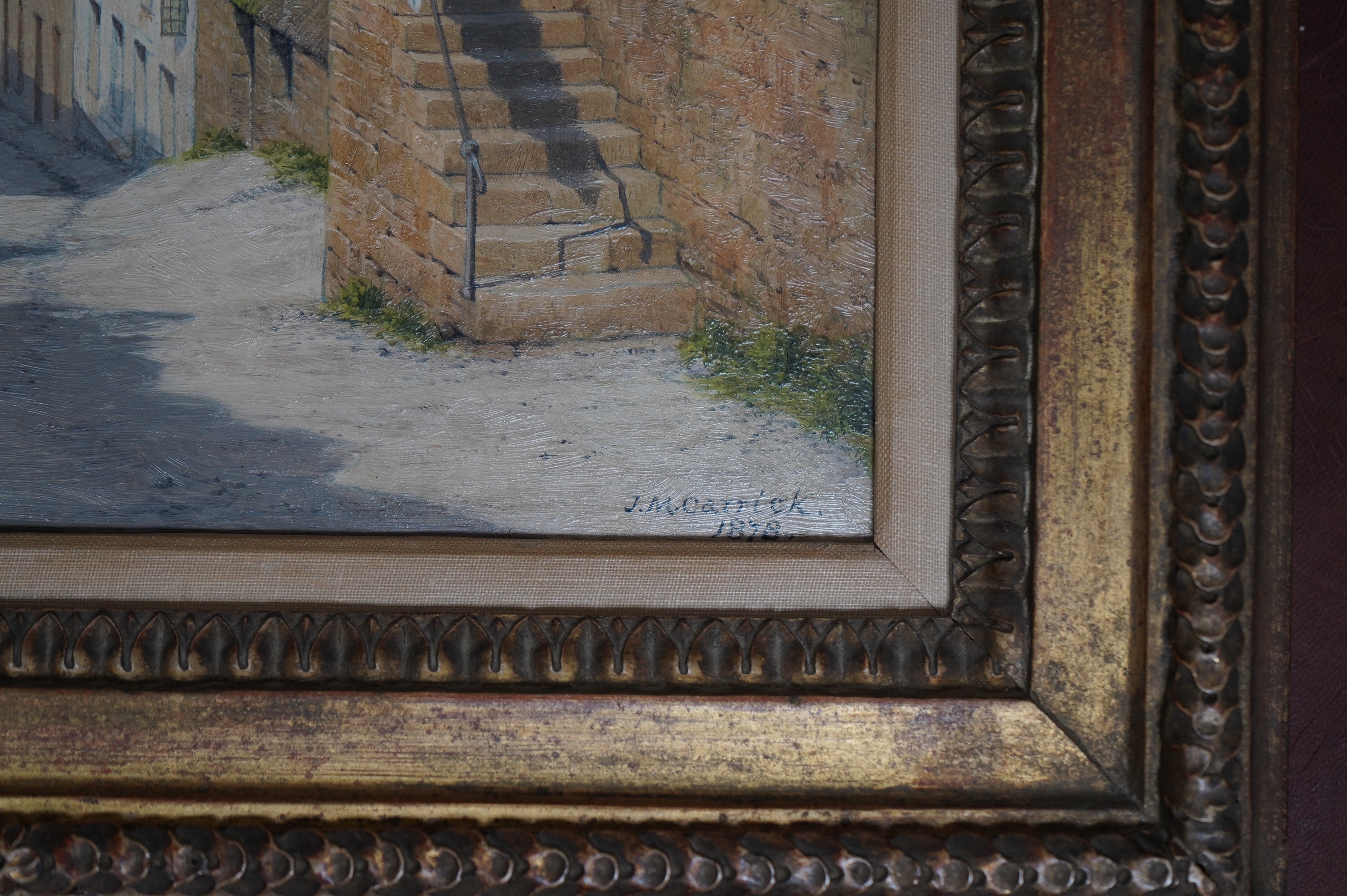 John Mulcaster Carrick (1833-1896), oil on board, Cornish village street scene, signed and dated 1878, 19 x 24.5cm, ornate gilt frame. Condition - good